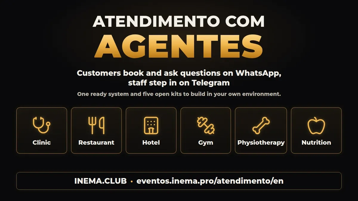 AI Customer Service — customers book and ask questions on WhatsApp while staff step in on Telegram: clinic, restaurant, hotel, gym, physiotherapy and nutrition.