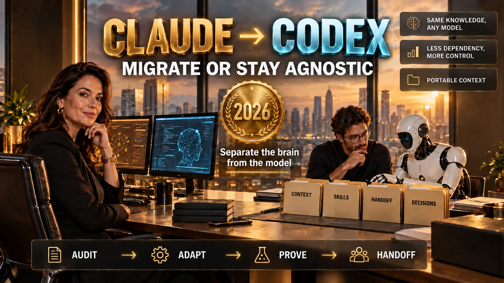 Claude → Codex: migrate or stay model-agnostic. Separate the brain from the model — portable context, skills and handoffs. INEMA 2026 event.