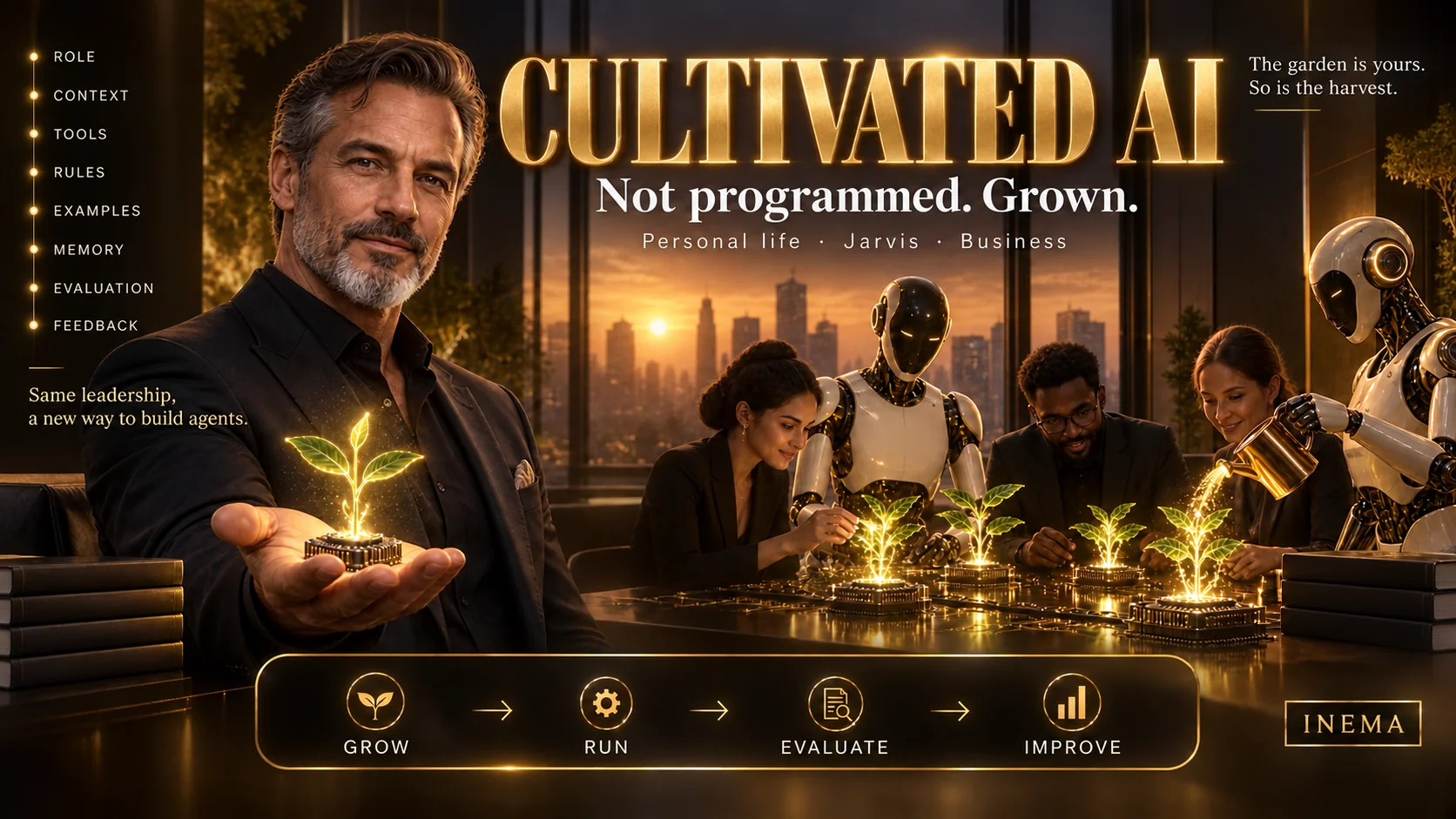 Cultivated AI — not programmed, grown. Same leadership, a new way to build agents: role, context, tools, rules, examples, memory, evaluation, feedback.