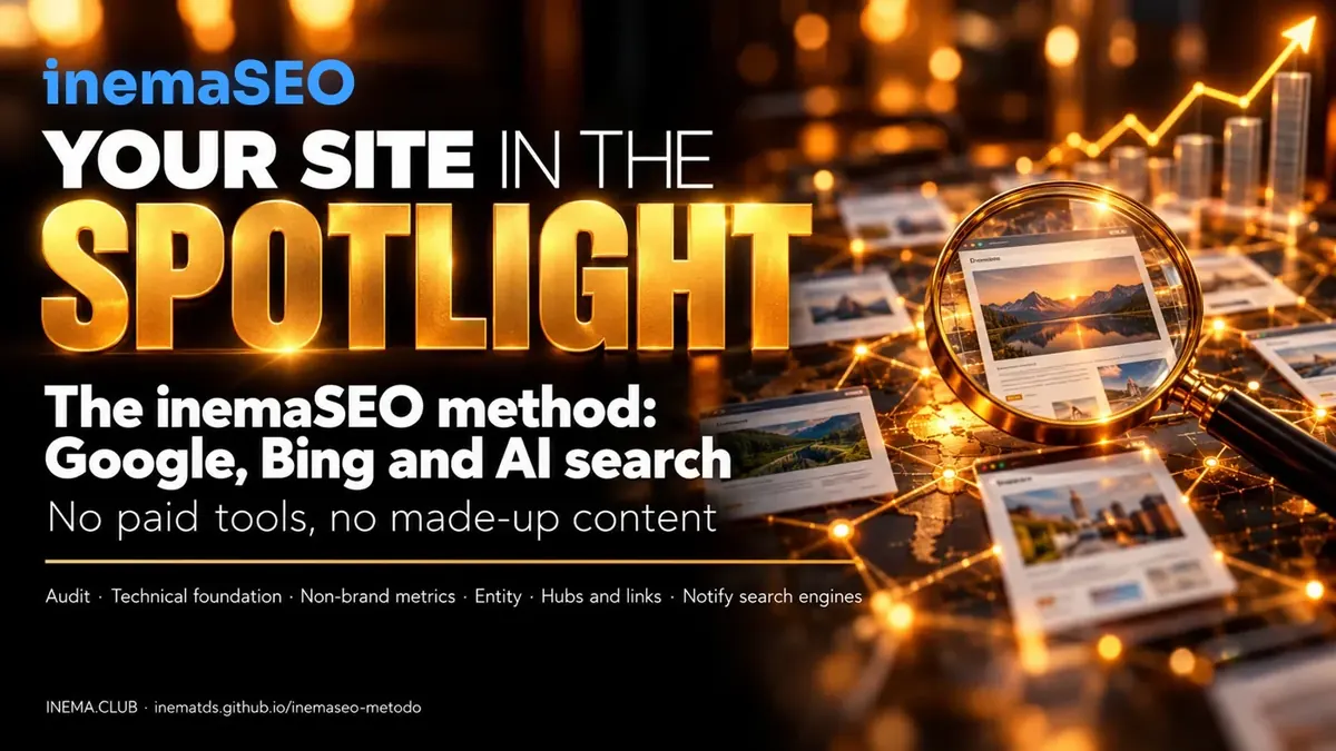 Your site in the spotlight — the inemaSEO method: Google, Bing and AI search, with no paid tools and no invented content.
