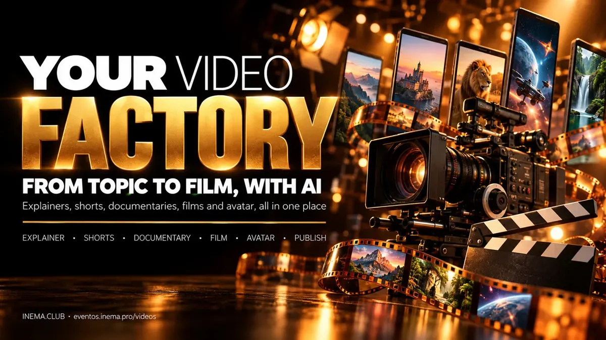 Your video factory — from topic to film, with AI: explainers, shorts, documentaries, films, avatar and publishing, every INEMA system in one place.
