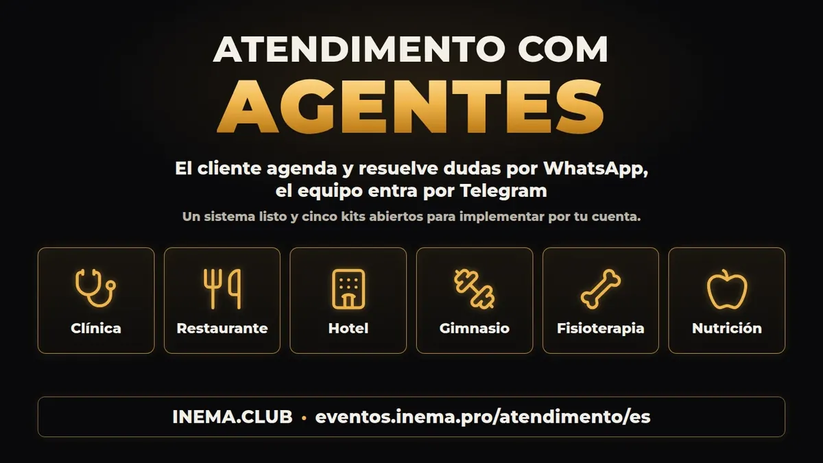 Atención con Agentes — el cliente agenda y resuelve dudas por WhatsApp y el equipo entra por Telegram: clínica, restaurante, hotel, gimnasio, fisioterapia y nutrición.