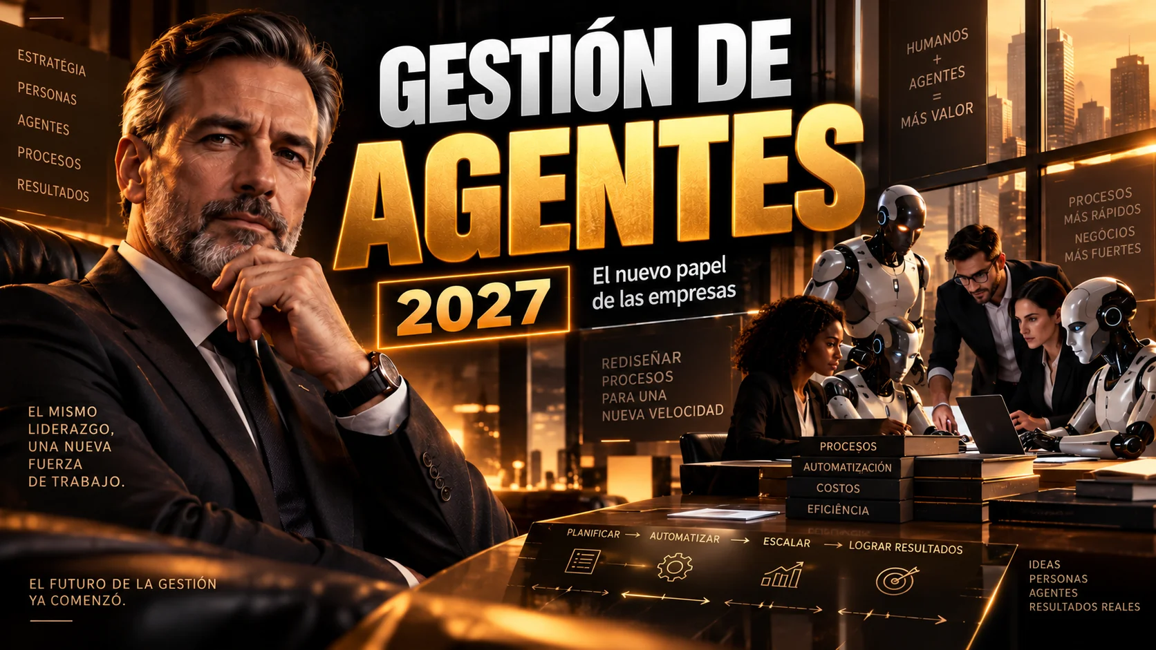 Gestión de Agentes 2027 — el nuevo papel de las empresas. El mismo liderazgo, una nueva fuerza de trabajo: humanos + agentes = más valor.