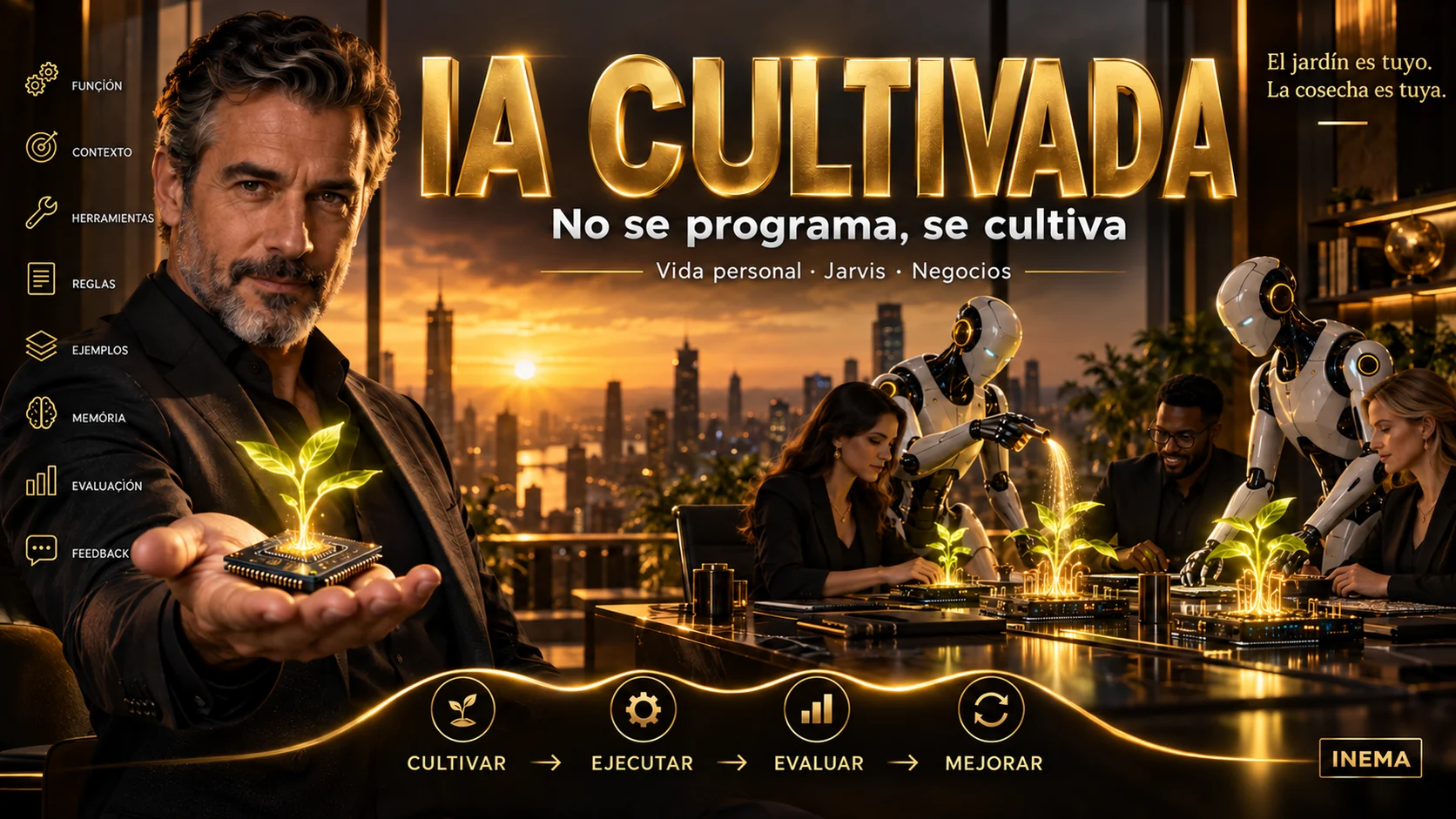 IA Cultivada — no se programa, se cultiva. El mismo liderazgo, una nueva forma de crear agentes: función, contexto, herramientas, reglas, ejemplos, memoria, evaluación, feedback.