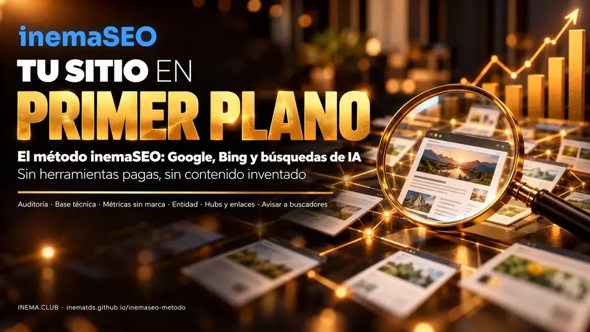 Tu sitio en primer plano — el método inemaSEO: Google, Bing y búsquedas de IA, sin herramientas de pago y sin contenido inventado.