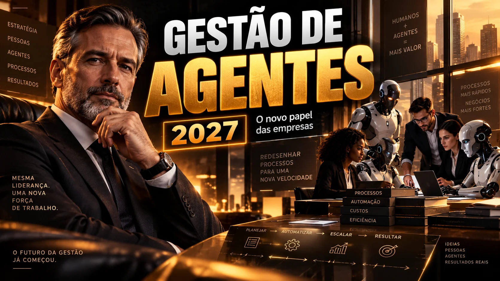 Gestão de Agentes 2027 — o novo papel das empresas. Mesma liderança, uma nova força de trabalho: humanos + agentes = mais valor.